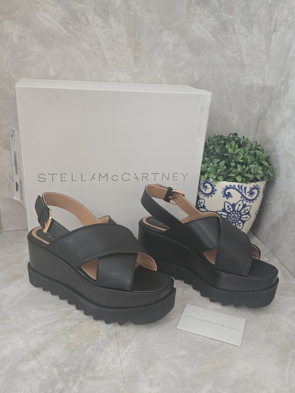 Stella McCartney NIB Elyse Eco Alter Mat Crisscross Platform Sandals Black Sz 39